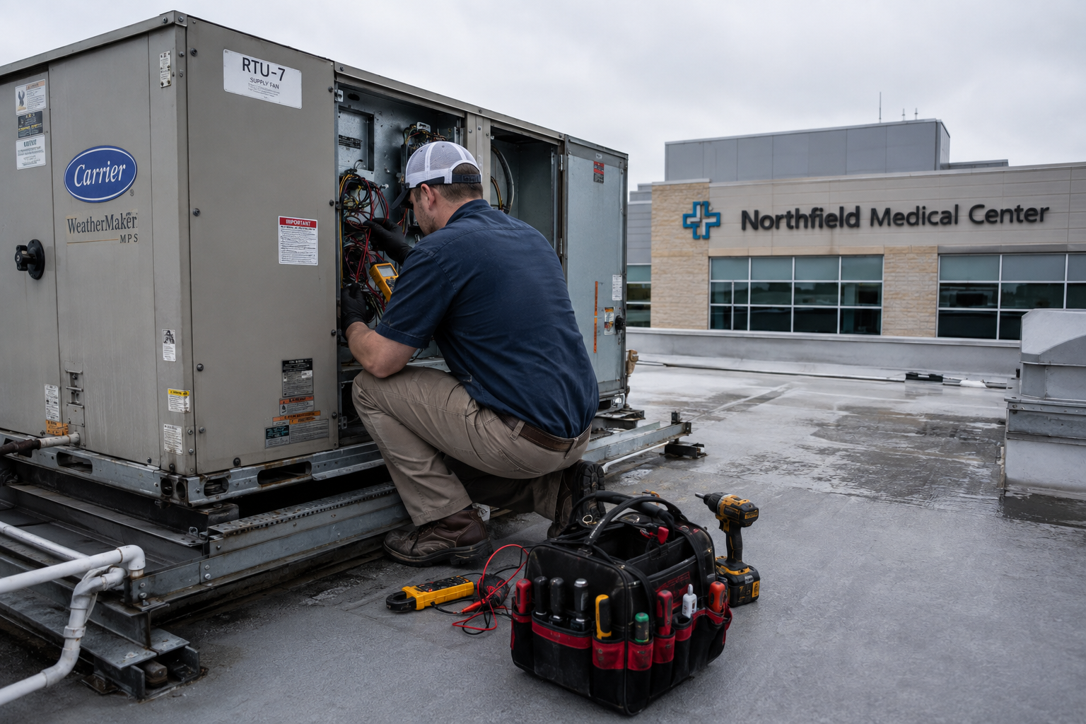 Servbon HVAC technician servicing rooftop unit on a medical center building