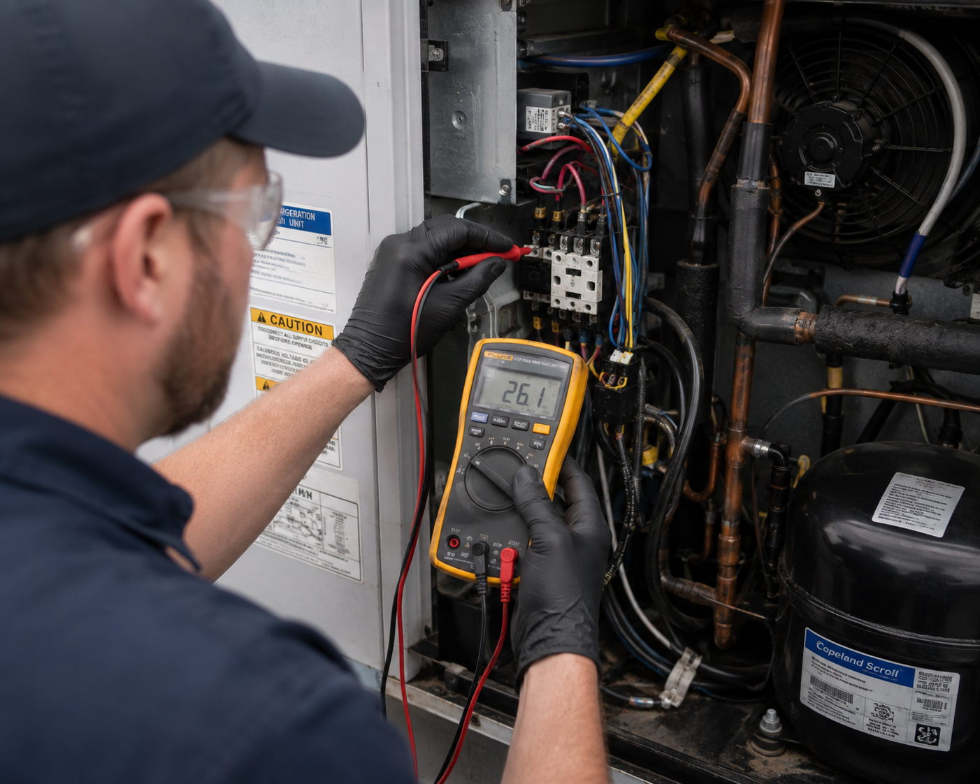 Servbon refrigeration technician diagnosing medical-grade refrigeration unit with multimeter