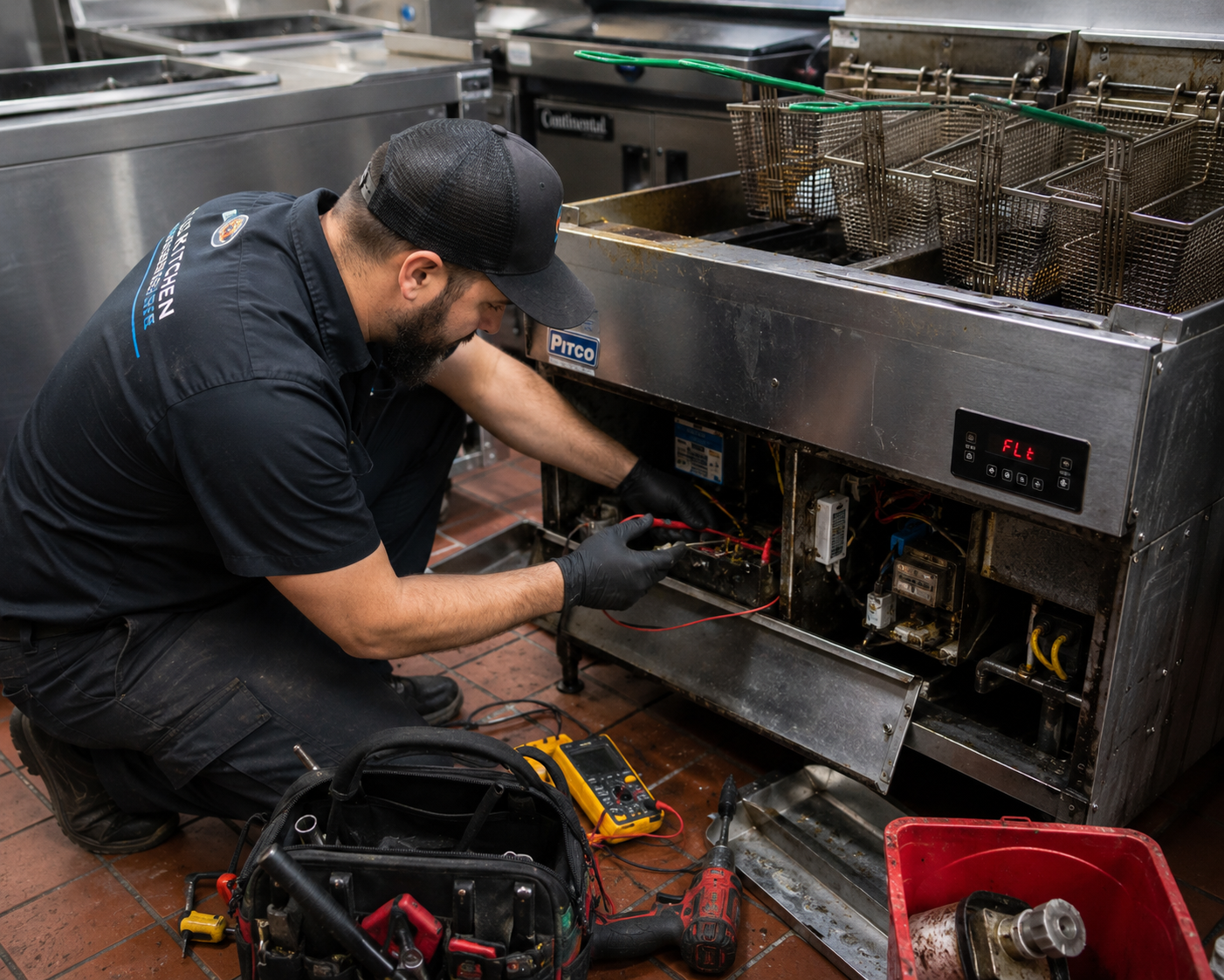 Servbon technician performing emergency fryer diagnostics on a Pitco commercial fryer during service