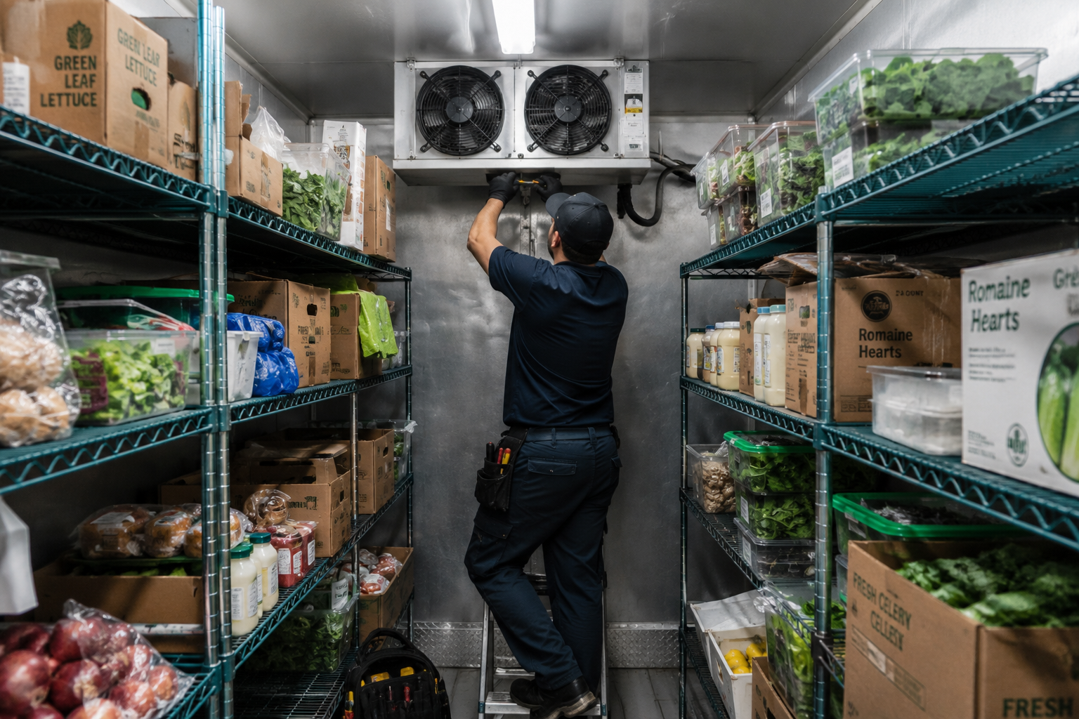 Servbon refrigeration technician servicing walk-in cooler evaporator fans in a stocked restaurant walk-in